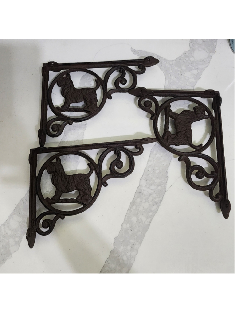 Dog Shelf Brackets Scottie Terrier Rustic Brown, Cast Iron Set of 3..